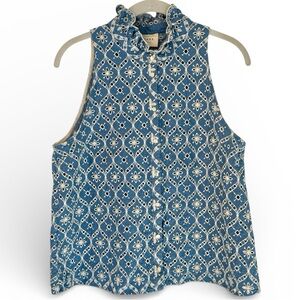 Sézane Erine Sleeveless Top 8 Vintage Blue Eyelet Ruffle Neck French Girl Style